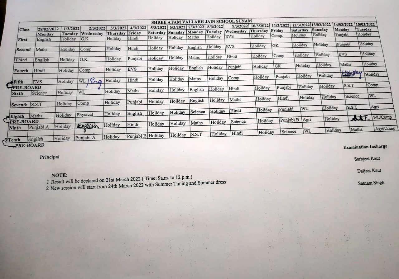 Final Date Sheet for SA to Exam 2022